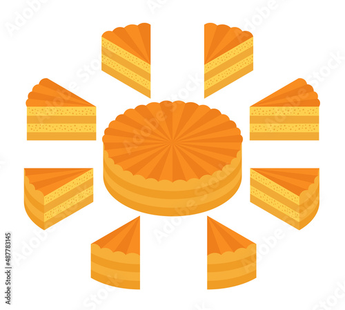 Pieces of shortbread dough cake. The whole cake and its parts. Isometric view.