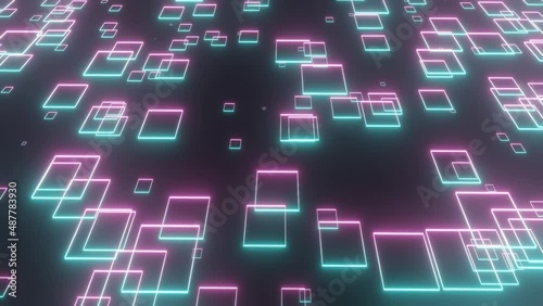 Falling of gradient pink blue rectangle frame in dark background (3D Rendering)