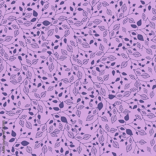 Tree leaves, wild rose, bush thickets seamless pattern in white. Line drawing. Naturalness of materials. Vector print. trendy purple color. Vector print. Trendy purple color
