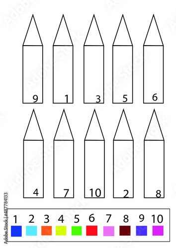 Exercises "Coloring by numbers". Pencils. Coloring book. Educational puzzle game for kids. Cartoon vector illustration