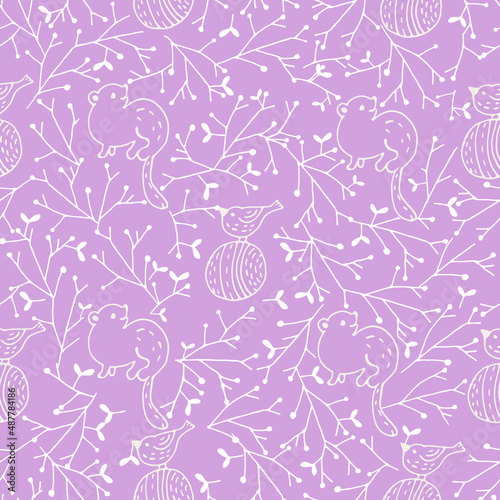 Tree leaves, wild rose, bush thickets seamless pattern in white. Line drawing. Naturalness of materials. Vector print. trendy purple color. Vector print. Trendy purple color