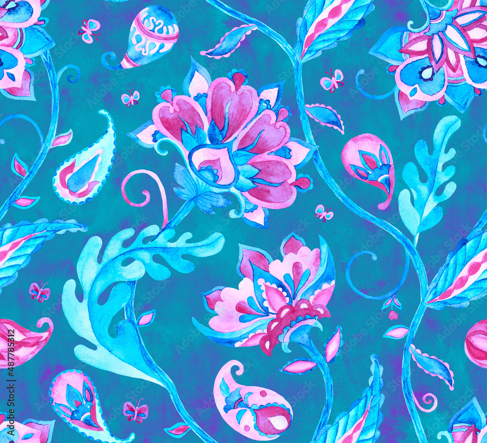 Fototapeta premium Paisley watercolor floral pattern. Jacobean floral tile: flowers, flores leaves. Oriental indian traditional hand painted water color whimsical seamless print design. Abstract india batik background