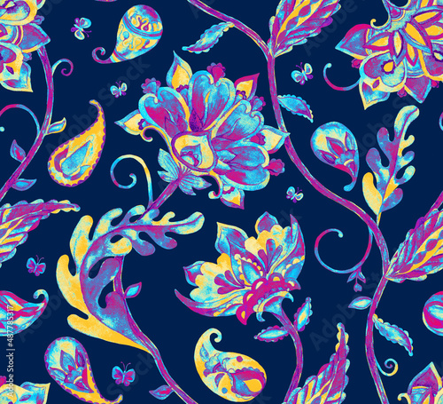Paisley watercolor floral pattern. Jacobean floral tile: flowers, flores leaves. Oriental indian traditional hand painted water color whimsical seamless print design. Abstract india batik background