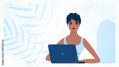 Girl working behind a laptop. Education or work concept. Vector in cartoon style.