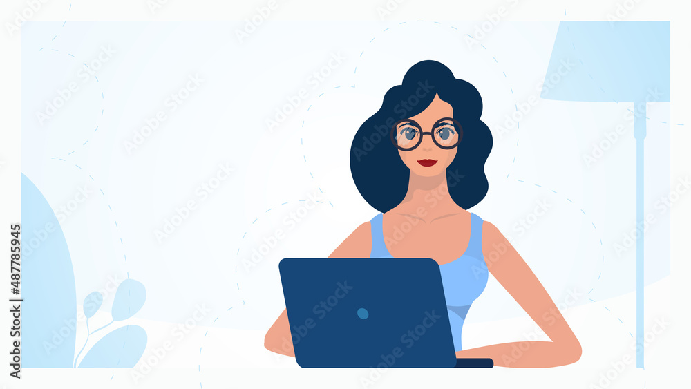 Woman with laptop Concept of work, education and shopping. Vector illustration in a flat style. Woman with laptop Concept of work, education and shopping. Vector illustration in a flat style.