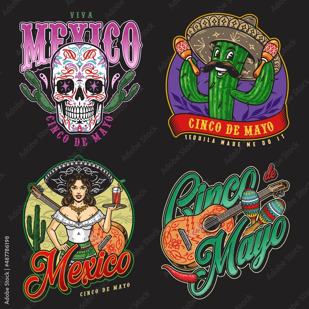 Colorful stickers set with Mexican characters