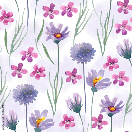 Floral seamless pattern with wild flowers. Watercolor illustration on white background. Great for fabrics  wrapping papers  wallpapers  covers. Summer textile print.