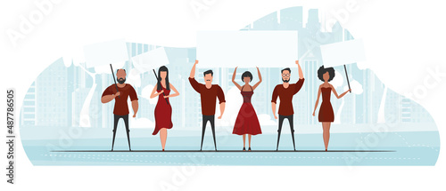 A group of people came out to protest. Banner in blue tones. Vector illustration in a flat style.
