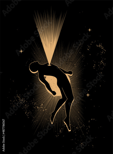 Human body and soul or wisdom or religion concept. State of enlightenment. Man meets eternal. Psychic mind power of meditation. Vector illustration. photo