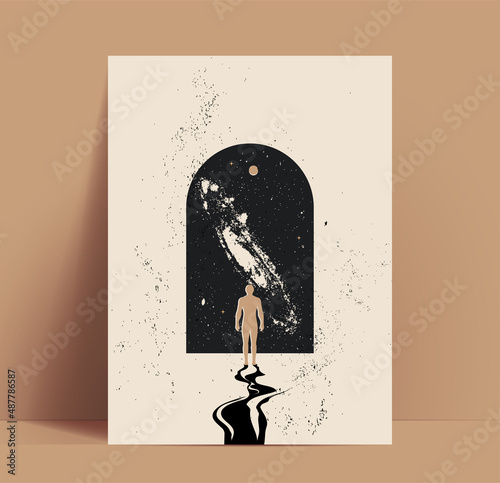 Concept of opportunity poster or card design template with human silhouette face the universe through the arch doorway. Vintage styled vector illustration