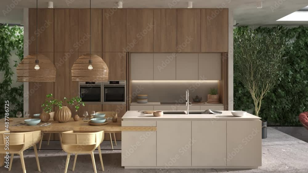 HD video Boho scandinavian interior design kitchen room with island, dining table and green wall plants. 3d render illustration. Animation scene.