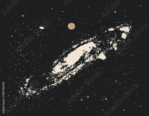 Vintage styled illustration of the Universe spiral galaxy on black starry background. Vector illustration