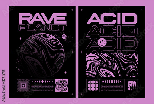Abstract rave poster or flyer design template with abstract pink liquid acid textures and elements on black background. Vector illustration photo