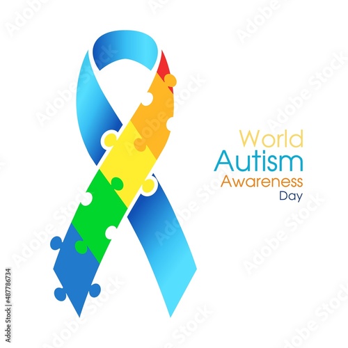 Colorful puzzle ribbon as symbol of world autism awareness day. Blue ribbon with multi colored puzzle for autism awareness month. Design element for poster by 2 april. Vector isolated illustration