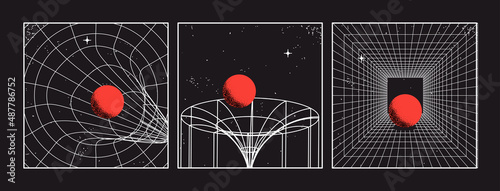 Abstract background set with teleportation or molecular physics concept with vintage styled grid funnel  and tunnel and red ball going through it on black background. Vector illustration