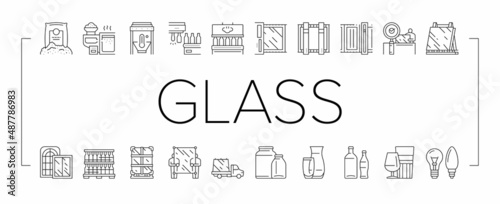 Glass Production Plant Collection Icons Set Vector .