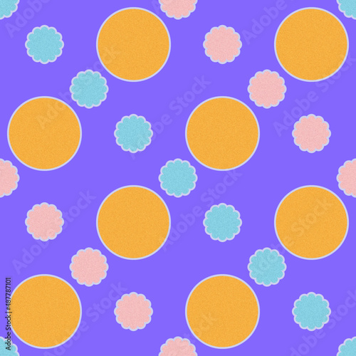 Seamless diagonal pattern of yellow circles, pink and blue abstract flowers on a light purple background for textile.