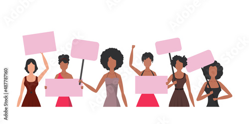A large set of girls who came out to protest. The rebellious girl is shown to the waist. Isolated. Vector illustration in a flat style.