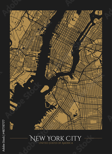 New York City decorative map poster or card or canvas design template with golden New York map silhouette on black background. Vector illustration