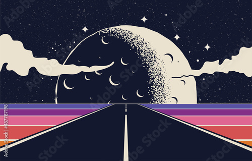Wallpaper Mural Road trip or road journey concept illustration with straight highway stretching beyond the horizon and giant Moon on background