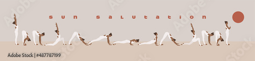 Sun Salutation or Surya Namaskar morning yoga exercises complex process illustration with girl doing practice step by step. Pastel colored vector illustration