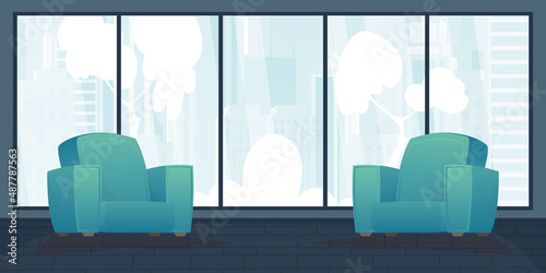 A room with upholstered furniture and a large panoramic window. Vector in cartoon style.
