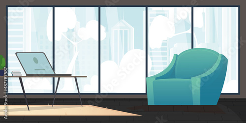 A room with upholstered furniture and a large panoramic window. Cute illustration in flat style.