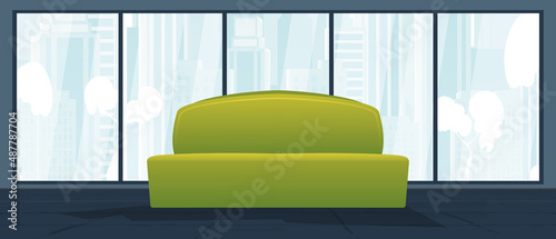 A room with upholstered furniture and a large panoramic window. Vector illustration in a flat style.