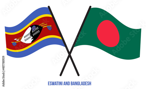 Eswatini and Bangladesh Flags Crossed And Waving Flat Style. Official Proportion. Correct Colors.