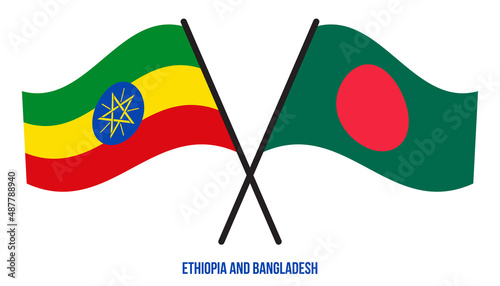 Ethiopia and Bangladesh Flags Crossed And Waving Flat Style. Official Proportion. Correct Colors.