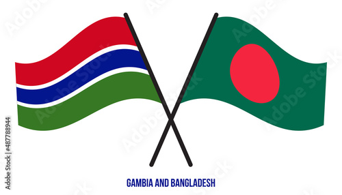 Gambia and Bangladesh Flags Crossed And Waving Flat Style. Official Proportion. Correct Colors.