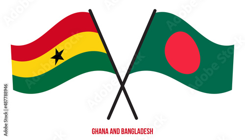 Ghana and Bangladesh Flags Crossed And Waving Flat Style. Official Proportion. Correct Colors.