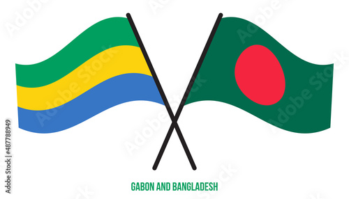 Gabon and Bangladesh Flags Crossed And Waving Flat Style. Official Proportion. Correct Colors.