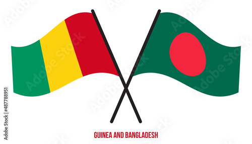 Guinea and Bangladesh Flags Crossed And Waving Flat Style. Official Proportion. Correct Colors.