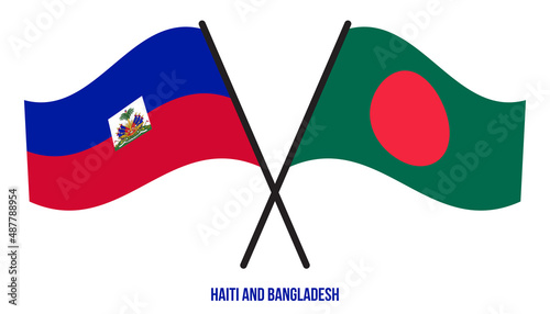 Haiti and Bangladesh Flags Crossed And Waving Flat Style. Official Proportion. Correct Colors.