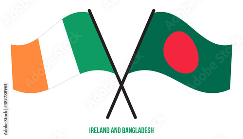 Ireland and Bangladesh Flags Crossed And Waving Flat Style. Official Proportion. Correct Colors.