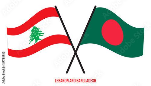 Lebanon and Bangladesh Flags Crossed And Waving Flat Style. Official Proportion. Correct Colors.