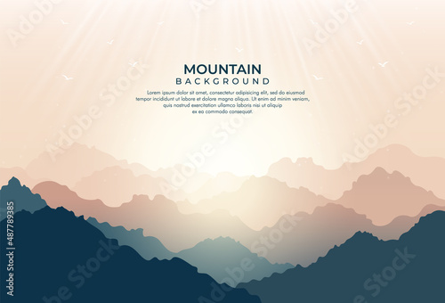 Dramatic mountain sunset or sunrise illustration. Landscape sun shining. Abstract mountain contemporary aesthetic background landscapes with place for text