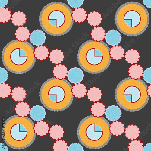 Seamless pattern of abstract round elements with yellow, blue and pink color texture on dark gray background for textile.