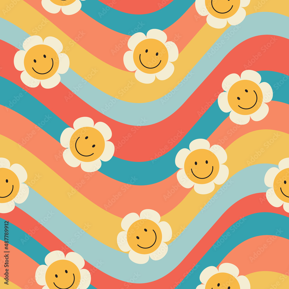 Premium Vector  Trippy psychedelic aesthetic y2k seamless pattern trippy  smile retro pop funny cartoon character smiley happy face psychedelic print  daisy flower and rainbow