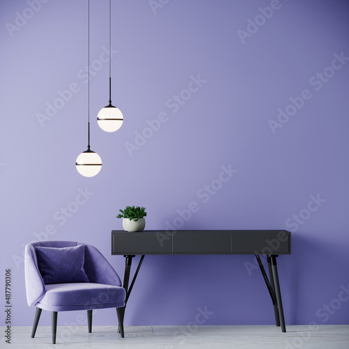 Seating area - livingroom with console and armchair. Bright empty wall mockup. Table for decor and art. Lamps accent. Very peri color trend year. 3d rendering