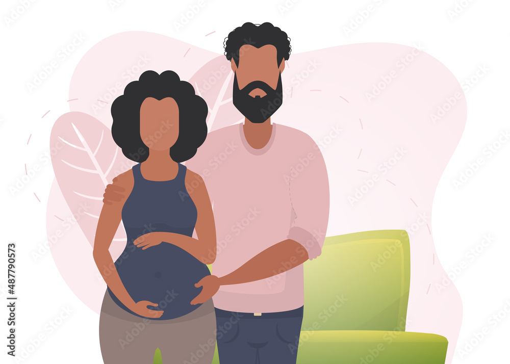A man hugs a pregnant woman. Poster on the theme Young family is waiting for the birth of a child. Positive and conscious pregnancy. Vector illustration. A man hugs a pregnant woman. Poster on the theme Young family is waiting for the birth of a child. Positive and conscious pregnancy. Vector illustration.