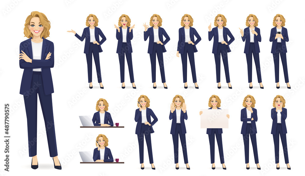 Elegant beautiful business woman in different poses set. Various gestures female character standing and sitting at the desk isolated vector illustration