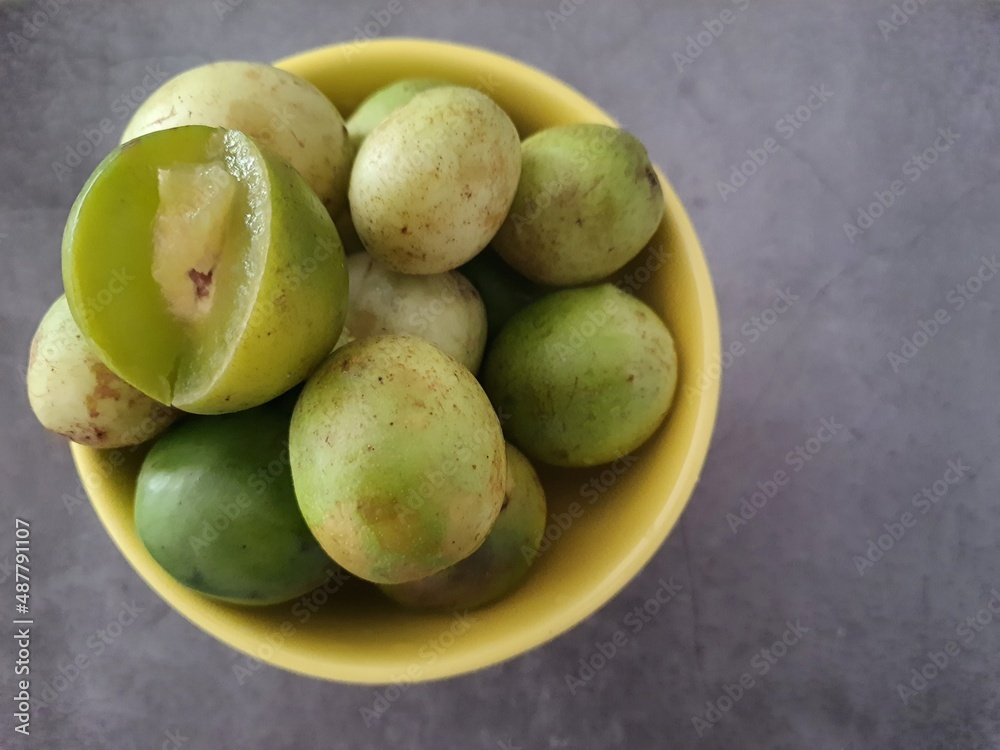 Umbu fruit -Spondias tuberosa L. - typical Brazilian regional wild fruit, known as umbuzeiro, imbuzeiro or jique, belonging to the anacardiaceae family, originating in the Brazilian Northeast.