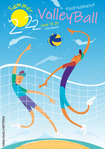 Volleyball players compete at a beach tournament