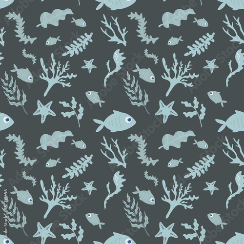 Cute blue fish and agae seamless pattern for kids, perfect for for textile, wrapping, decor. Cartoon characters