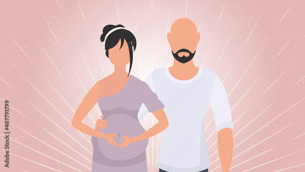 Pregnant woman with her husband. Banner on the theme Young family is waiting for the birth of a child. Happy pregnancy. Vector illustration. Pregnant woman with her husband. Banner on the theme Young family is waiting for the birth of a child. Happy pregnancy. Vector illustration.