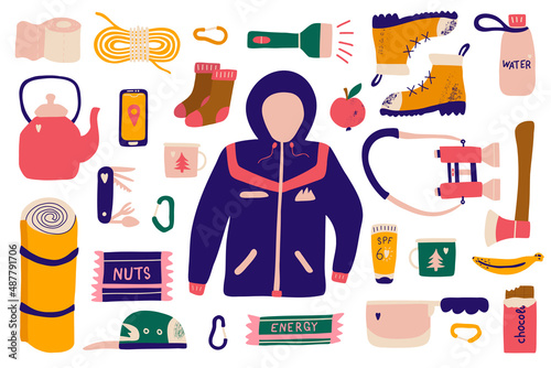 Camping and adventure set. Hand drawn elements jacket, sunscreen, cap and binoculars. Perfect for local tourism, social networks, posters, sticker kit. Cartoon vector illustration.