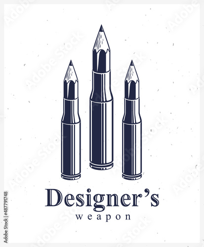 Idea is a weapon concept, weapon of a designer or artist allegory shown as a firearm cartridge cases with pencils instead of bullet, creative power, vector logo or icon.