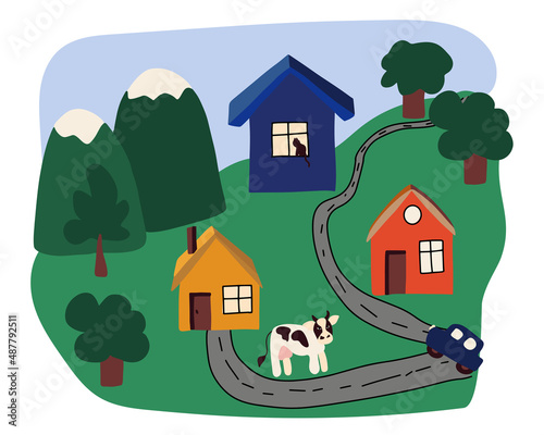 Flat vector cartoon style illustration country landscape. House and road 
 near mountain with green trees in background.